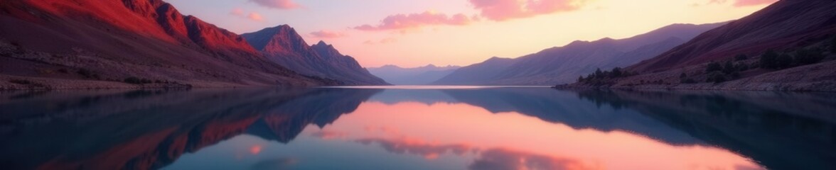 Fototapeta premium Serene lake mirroring stratified rock formations, sunrise hues , earth, peaceful, geology