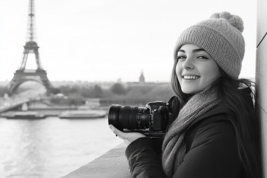 Happy girl enjoys photography on a bridge with the Eiffel Tower in the background during a bright day, Happy girl photographer with a camera on a bridge overlooking the Eiffel Tower
