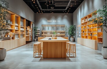 Modern retail store interior, wood shelves, plants, cooking demo table