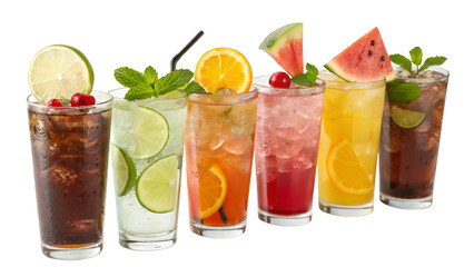 Cuba Libre, Long Island, Mojito, Paloma, Tequila Sunrise, Screwdriver cocktail transparent PNG set bundle, isolated background. Bar menu cocktails in highball glass, colorful refreshing drink garnish