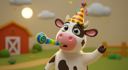 Fototapeta premium Cartoon Cow Celebrating with Party Horn and Hat on Farm Background