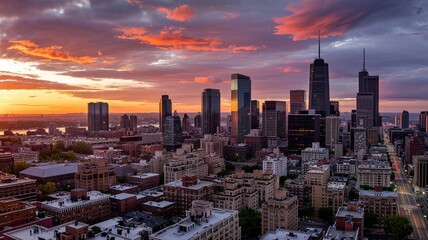 Obraz premium Dramatic Sunset Over Chicago Skyline with Fiery Clouds and City