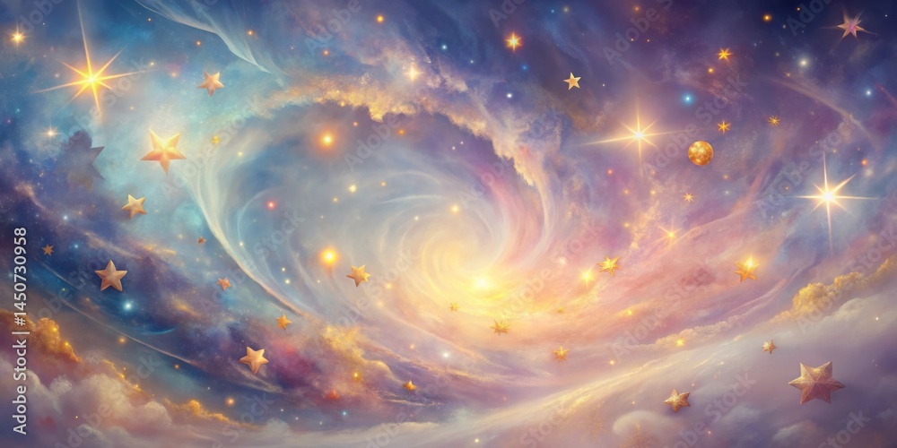 Poster a mesmerizing swirl of celestial clouds adorned with shimmering stars and a bright glow in the cente
