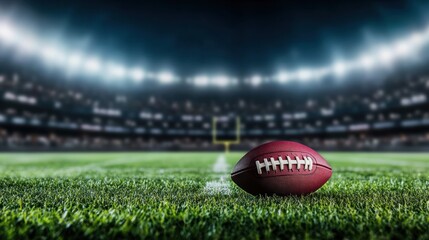American football on field in stadium at night