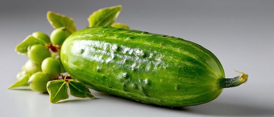 Fresh green cucumber amidst leafy grapes