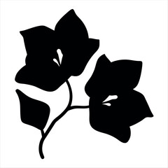 Stylized Black and White Bougainvillea Flower Silhouette Design with Stem and Leaves