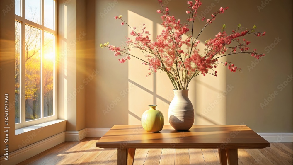 Poster sunlight streams through a window illuminating a vase of pink flowers on a wooden table