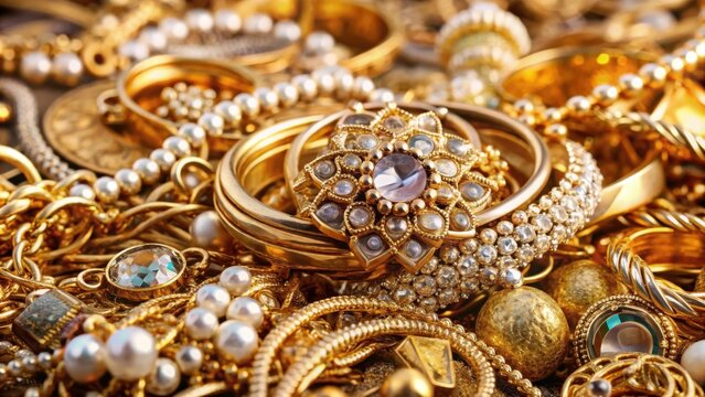 A shimmering heap of golden jewelry with intricate details, featuring a sparkling centerpiece adorned with a delicate gemstone