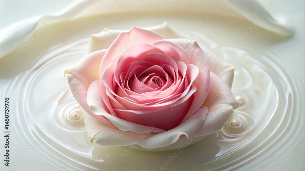 Poster delicate pink rose floating on a smooth surface of white liquid, creating a serene and romantic atmo