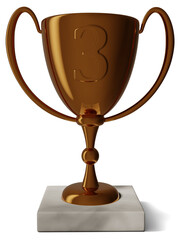 Bronze cup trophy number three on transparent background high resolution render
