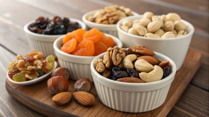 Healthy Assortment of Dried Fruits and Mixed Nuts in White Ceramic Ramekins on Wooden Board
