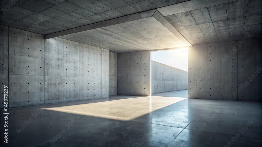 Poster a minimalist concrete room with an open doorway allowing sunlight to illuminate the space