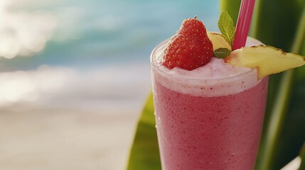 Refreshing strawberry and pineapple smoothie perfect summer beach relaxation