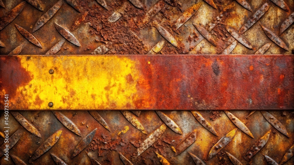 Fototapete a textured metal surface featuring a rusty diamond plate with a yellow and rust-colored strip runnin