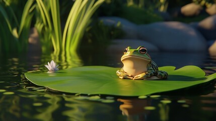 Peaceful pond inhabitant: Serene frog resting on a lush lily pad in a calm body of water