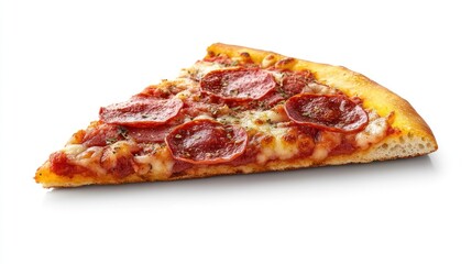Single slice of pepperoni pizza isolated on white background.