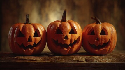 Obraz premium Three grinning jack-o'-lanterns sit side-by-side on a rustic wooden surface, creating a spooky yet festive Halloween scene.