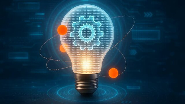 Futuristic Innovation Concept with Glowing Light Bulb and Gear Symbol Representing Smart Engineering and Technology

