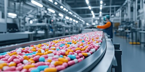 Obraz premium Colorful Pills on a Conveyor Belt: Pharmaceutical Manufacturing, Medicine Production