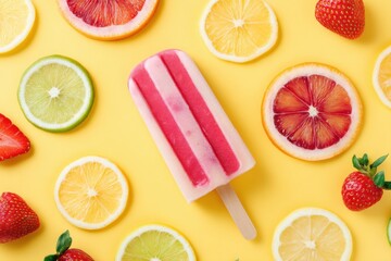 Colorful popsicle with vibrant red and white stripes surrounded by fresh citrus fruits and strawberries on a bright yellow background, evoking a refreshing summer treat