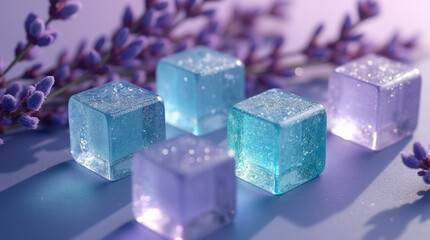 A surreal, photorealistic illustration featuring lavender sprigs and translucent ice cubes in shades of blue and purple.
