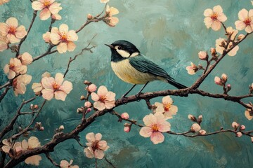 Obraz premium Bird sings a joyful melody on a flowering tree branch in early spring, bird sings a spring song on a flowering tree