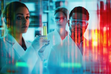 Scientists conduct data processing while analyzing samples in a high-tech laboratory setting, data processing over diverse scientists holding test tube