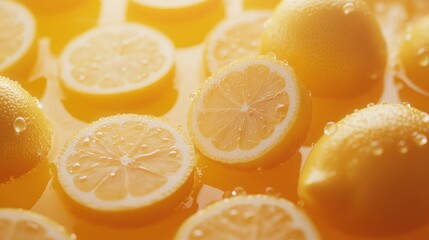 Juicy lemon slices and whole lemons floating in yellow liquid with water droplets.