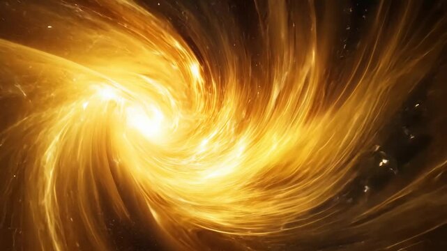 Golden cosmic swirl illuminates celestial journey through twirling galaxy