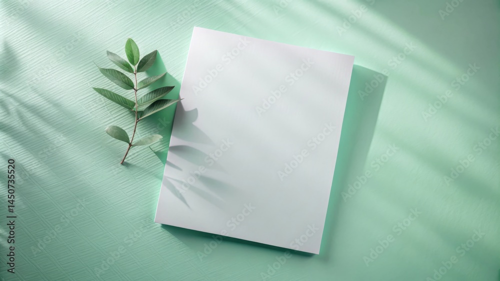 Leinwandbilder a blank sheet of paper rests on a light green surface, illuminated by the soft glow of sunlight stre