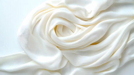 Soft, creamy white fabric draped in elegant swirls and folds against a bright backdrop