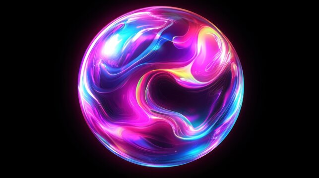 Vibrant iridescent sphere with swirling neon colors on black background.