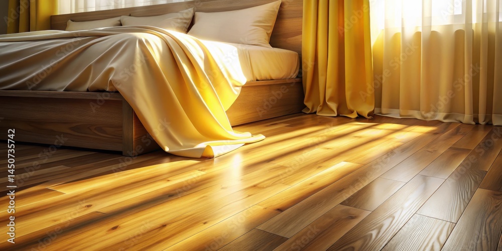 Aufkleber sunlight streams through a window, illuminating a wooden bedroom floor, casting soft shadows from th