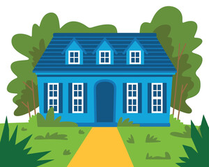 Fototapeta premium Charming Blue Two-Story House with Green Trees Illustration