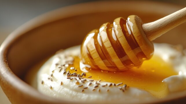 Honey dripping from a wooden dipper onto creamy yogurt with cumin seeds in a rustic bowl.