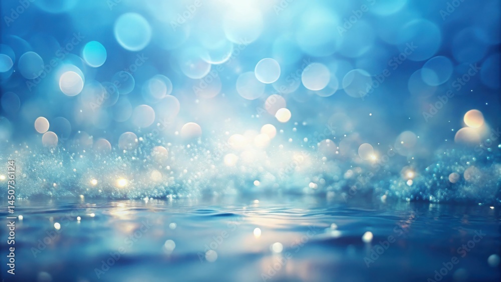 Poster a shimmering blue water surface with a soft glow of bokeh lights, creating a tranquil and magical sc