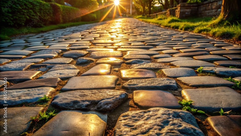 Aufkleber Cobblestone path illuminated by the warm glow of the setting sun, creating a captivating interplay of light and shadow