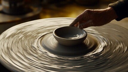 Crafting artistry: A potter's touch shapes earthen clay on spinning wheel