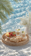 Coastal Culinary Oasis: A meticulously arranged tray of culinary delights, featuring fresh fruit, and refreshing beverages, rests serenely in an idyllic coastal setting.
