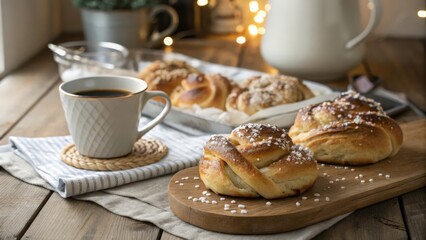 Cozy Coffee Break with Swedish Cardamom Buns and Fresh Brewed Coffee on Wooden Table
