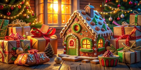 A gingerbread house glows with festive cheer, nestled amongst wrapped gifts and twinkling Christmas lights.