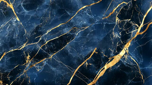 Golden veins on blue marble: elegant stone texture pattern unfolds seamlessly