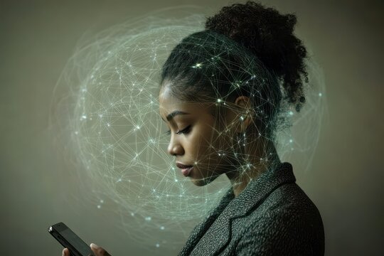 Network of connections and globe emerge as biracial woman engages with smartphone, network of connections and globe over biracial woman using smartphone - Powered by Adobe