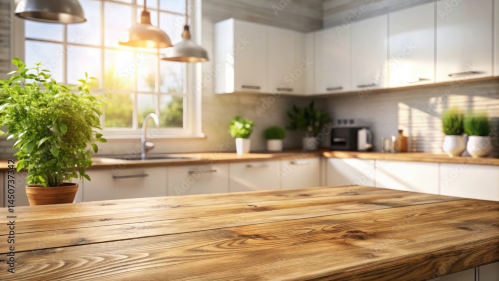 Poster rustic wooden countertop in a modern kitchen with soft natural light filtering through a large windo