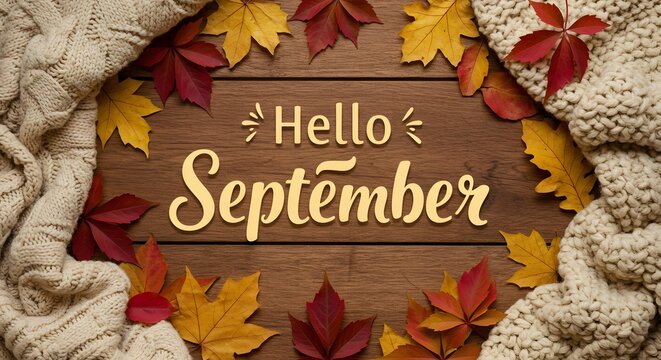 Hello September Message with Cozy Blanket and Autumn Leaves