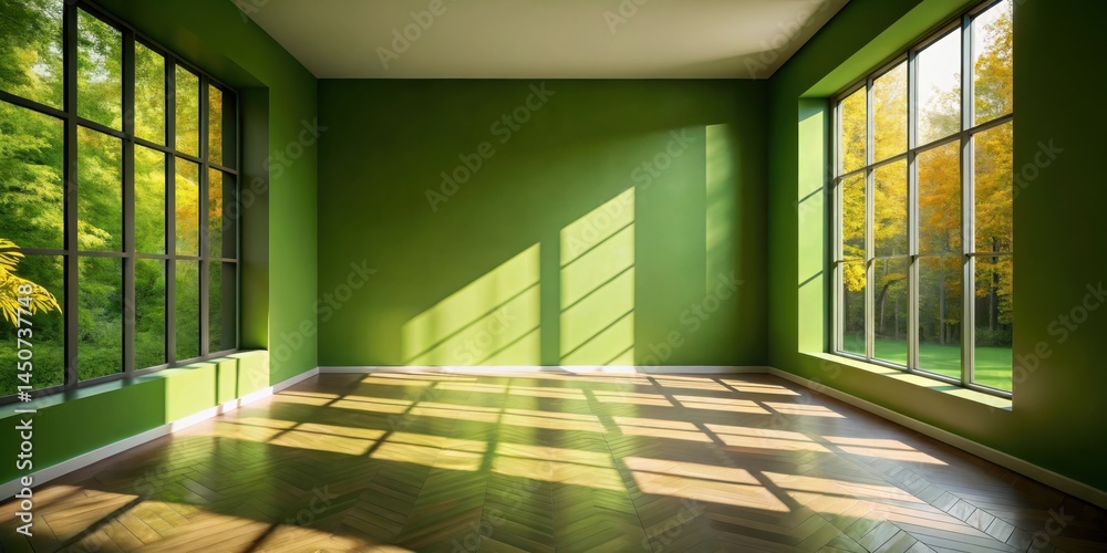 Aufkleber Empty Room with Two Large Windows and Sunlight Streaming In, Creating Patterns on the Hardwood Floor