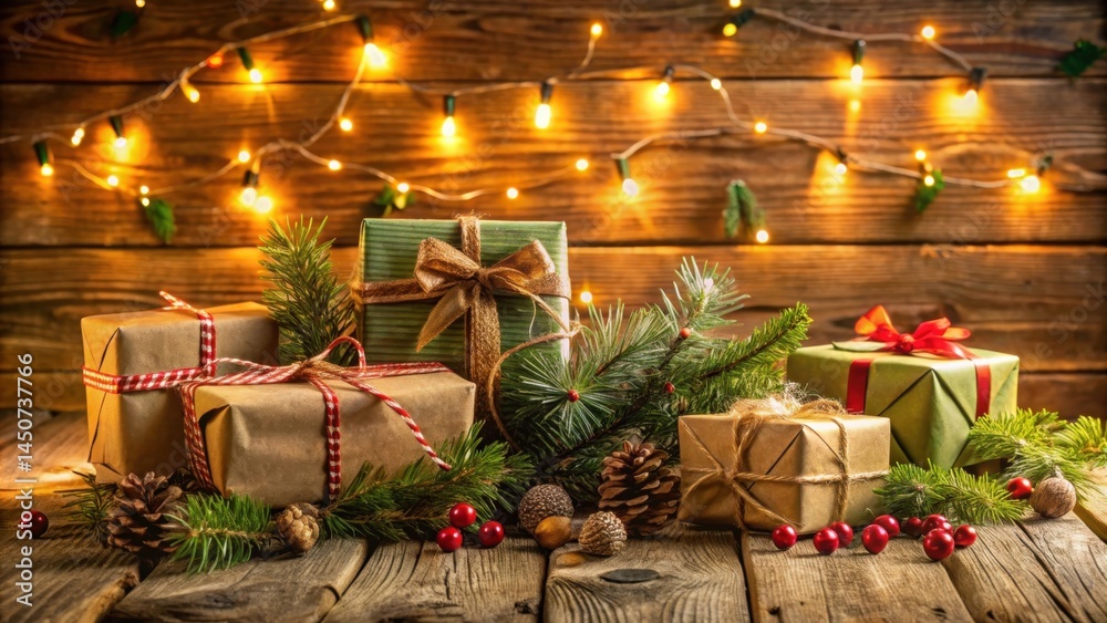 Aufkleber Christmas presents wrapped in brown paper and decorated with red and gold ribbon surrounded by pine branches and red berries on a rustic wooden table with warm string lights