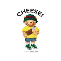 cute bear doll taking selfie in streetwear style vector illustration