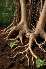 Fototapeta premium Ancient Tree Roots Deep in the Soil, Radiating the Timeless Power of Nature and the Fresh Air of the Forest