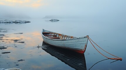 A lonely wooden boat standing on a calm lake surface surrounded by fog with place for text